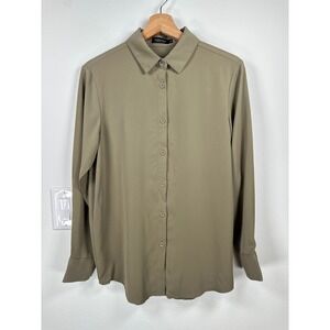 YAMANMAN Premium Women's Satin Olive Khaki Button Down Blouse Shirt S Minimalist